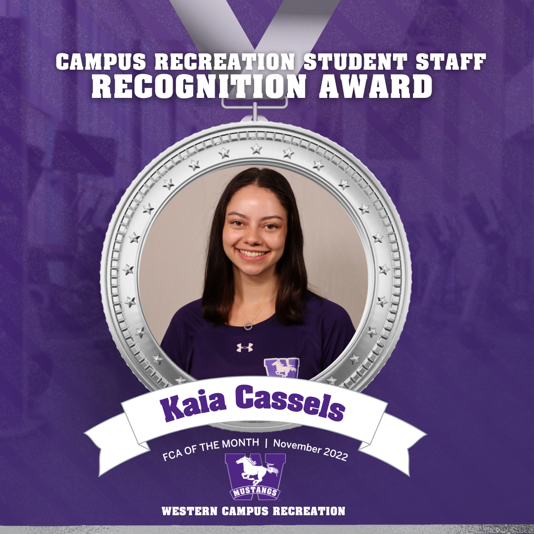 Head shot of Kaia Cassels inside a silver medal graphic that says Student Staff recognition award
